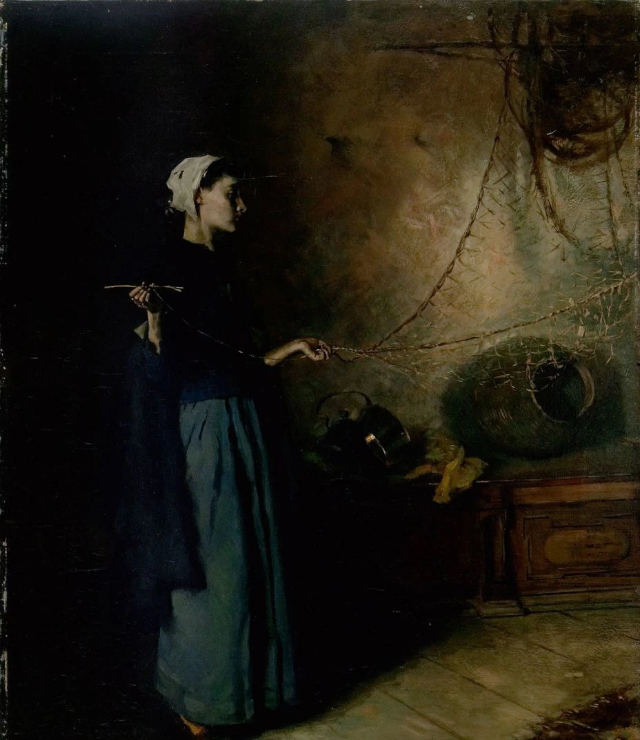 Hugo von Habermann - Ragazza di un pescatore francese che ripara una rete